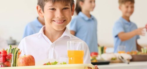 Smiling kid holding plate of healthy school lunch
