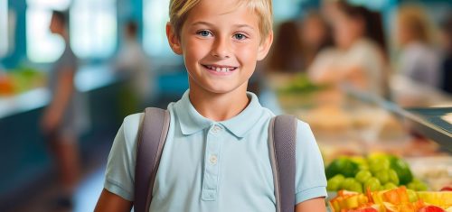 Smiling boy holding healthy school lunch